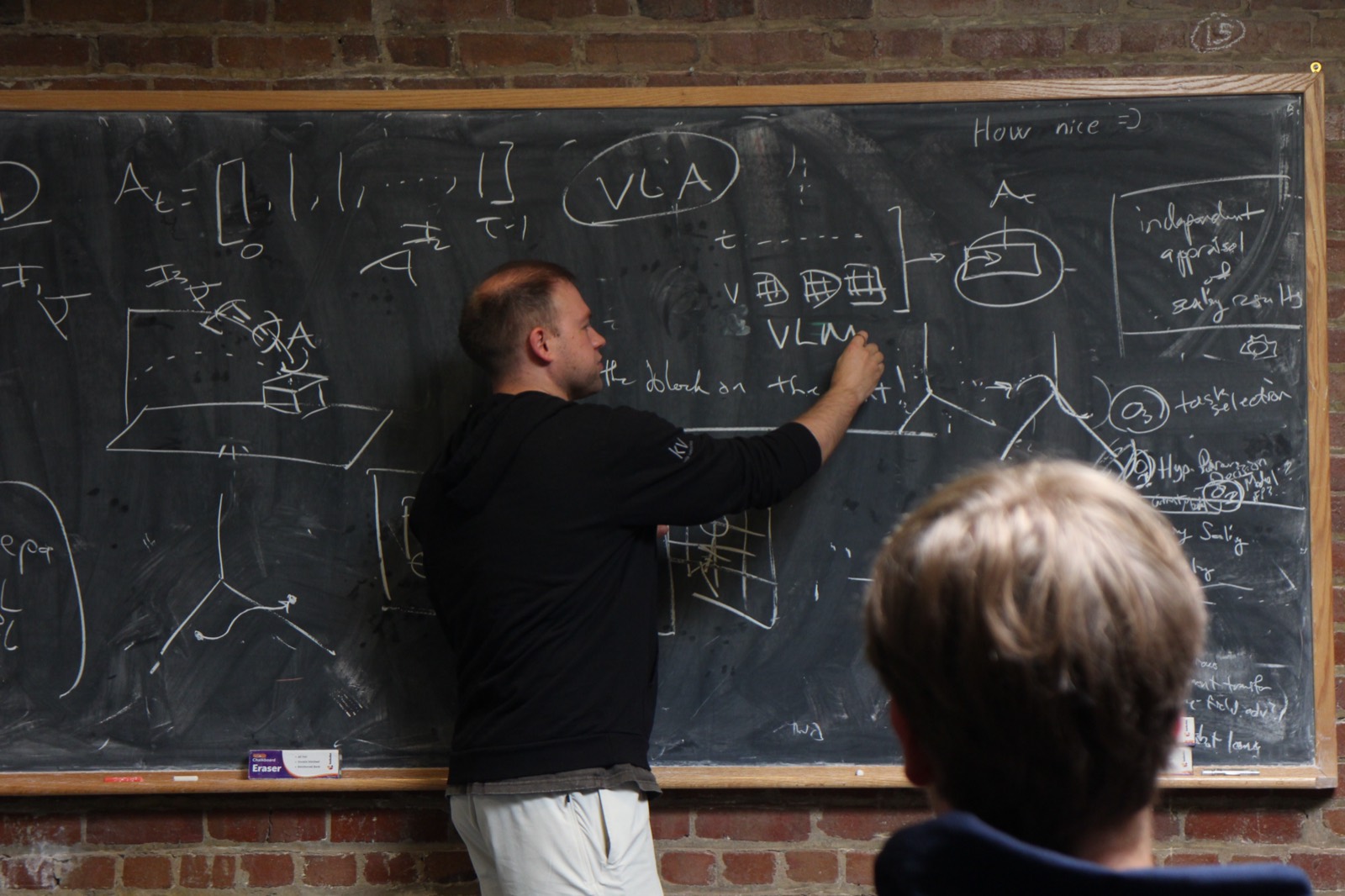 A researcher working through VLA model notation on the floor's chalkboard