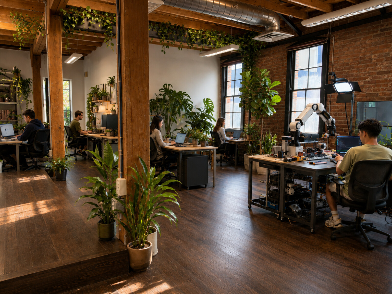 Mission Robotics floor — builders, robot arms, a humanoid, and plants under timber beams
